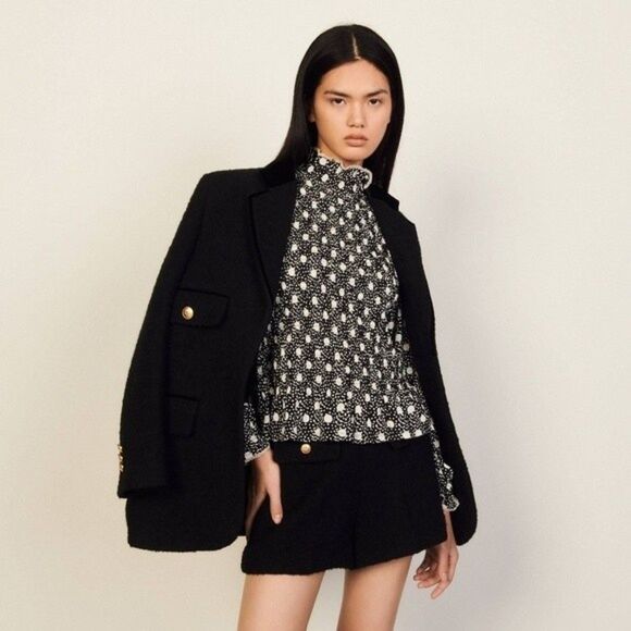 Sandro spotted shirred smocked mock neck top - Picture 1 of 8